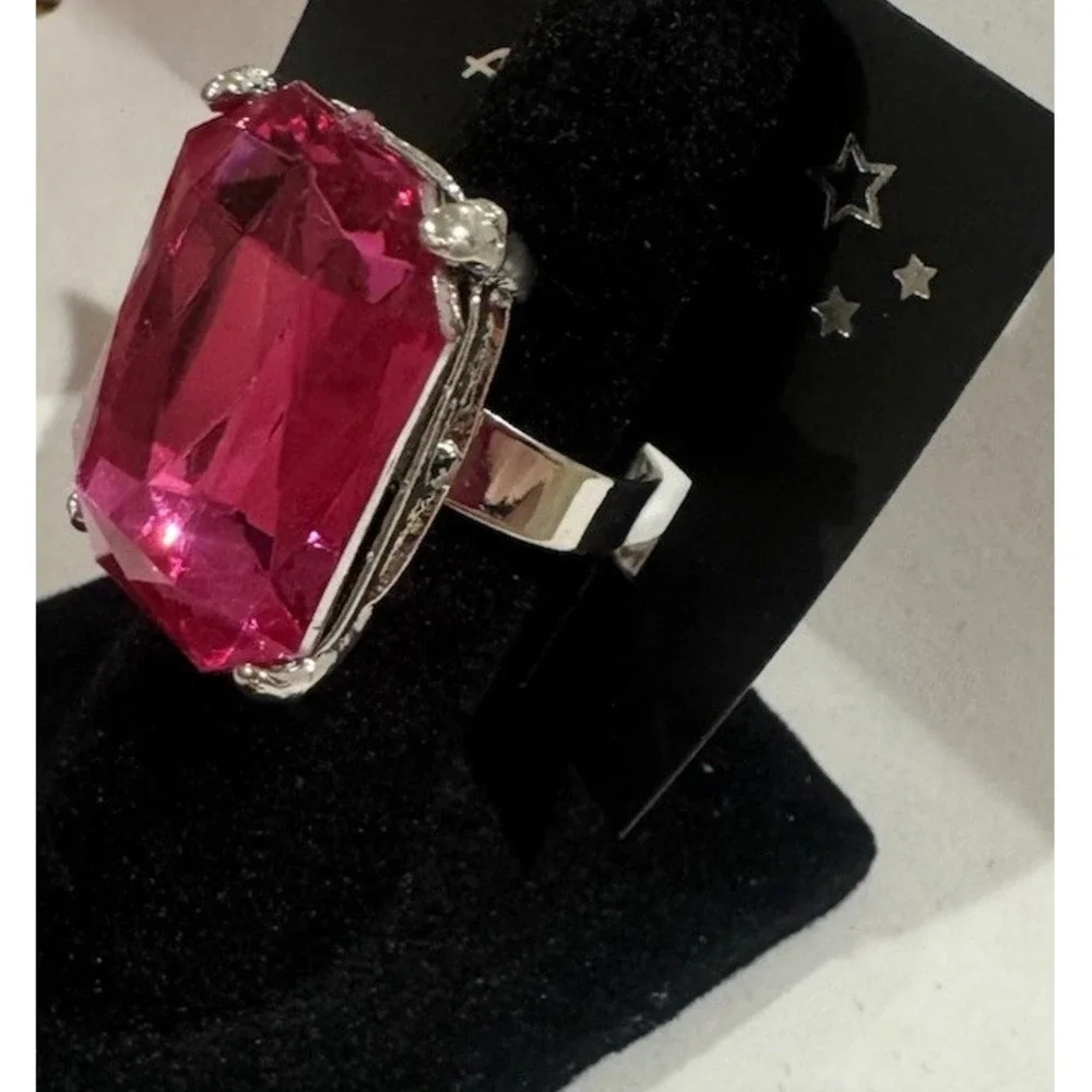 Silver Tone Adjustable Cocktail Ring Pink Emerald-Cut Crystal Prong Set